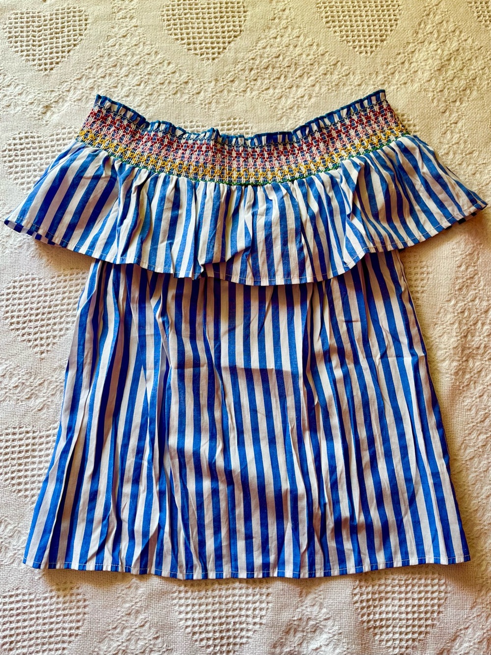 Primark Blue and White Striped Off-Shoulder Ruffle Top